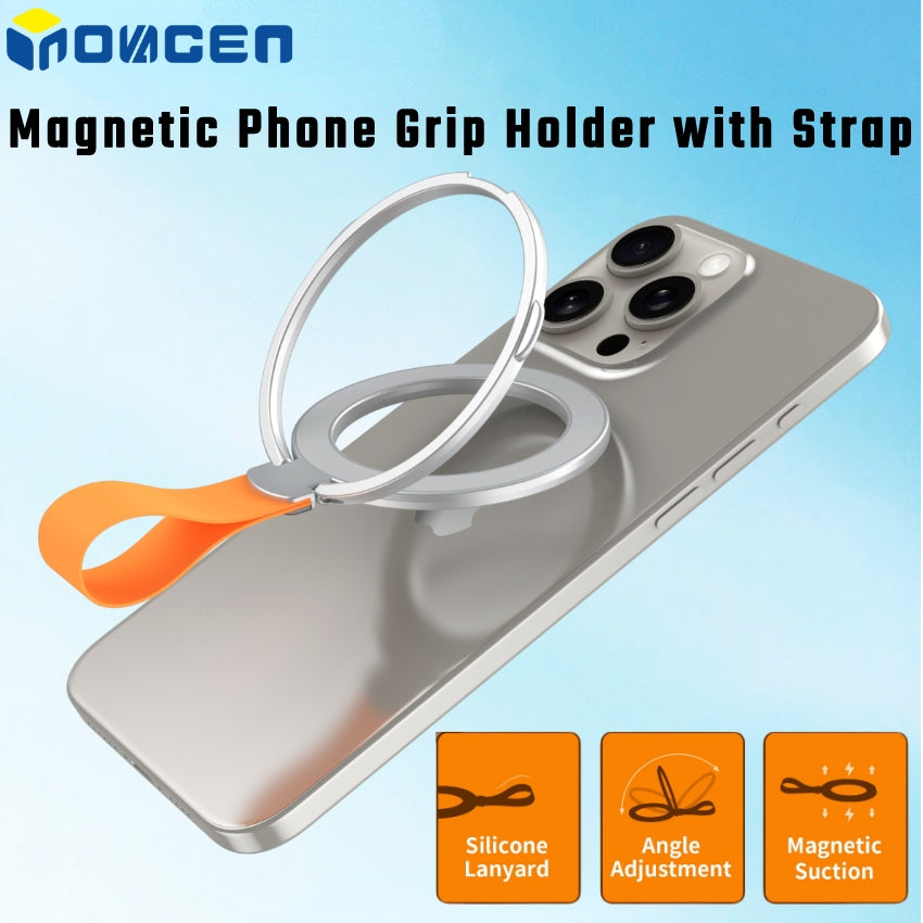 INOVAGEN Silicone Strap Magnetic Phone Grip Stand,Foldable Adjustable Alloy Mag-Safe Phone Holder,Wireless Charging support