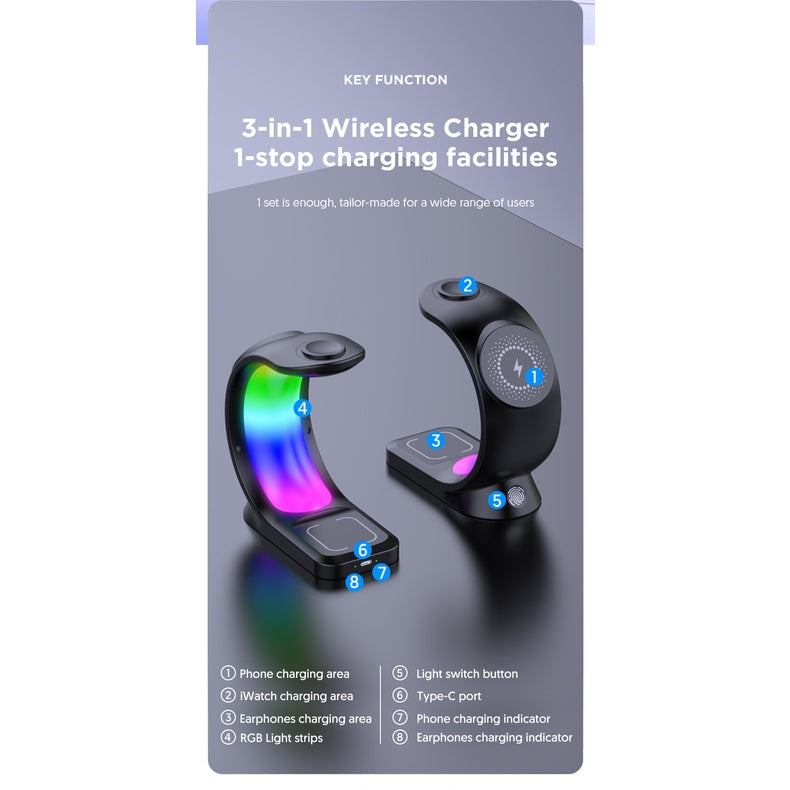 INOVAGEN 3 in 1 Magnetic Wireless Charging Station With RGB Light,15W Fast Charging Stand,Phone,SmartWatch,Earbuds Desk Charging Dock