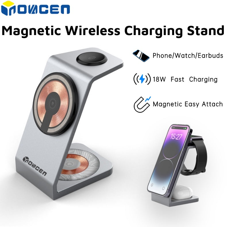 INOVAGEN Transparent 3 in 1 Magnetic Wireless Charging Station,Alloy 18W Fast Charging Stand;Phone,SmartWatch,Earbuds Desk Charging Dock