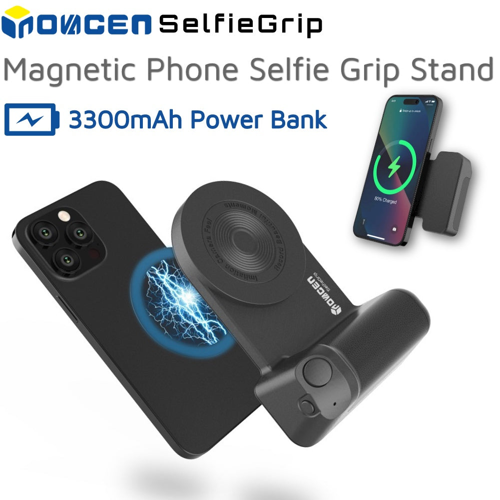 INOVAGEN Selfie Grip With 3300mAh Power Bank(Upgrade),Magnetic Phone Selfie Grip Stand,Camera Handle Photo Bracket,Bluetooth Phone Anti-shake Selfie Device,Desktop Charging Support