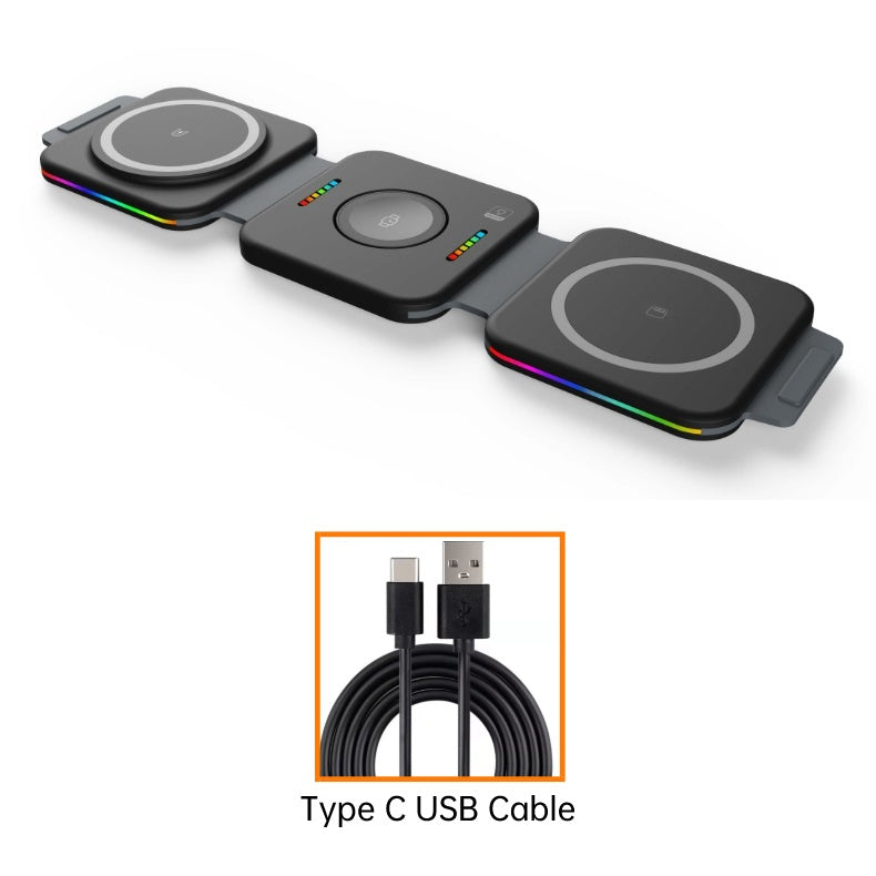 INOVAGEN Foldable Wireless Charger with RGB light,3 In 1 Magnetic Charging Pad Travel Wireless Charging Stand For Phone,SmartWatch,Earbuds Desk Charging Pad