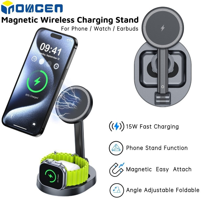 INOVAGEN Magnetic Wireless Charging Stand 15W Fast Charging Station;Alloy Magnetic Attach Desk Holder,Phone,SmartWatch,Earbuds Desk Charging Dock