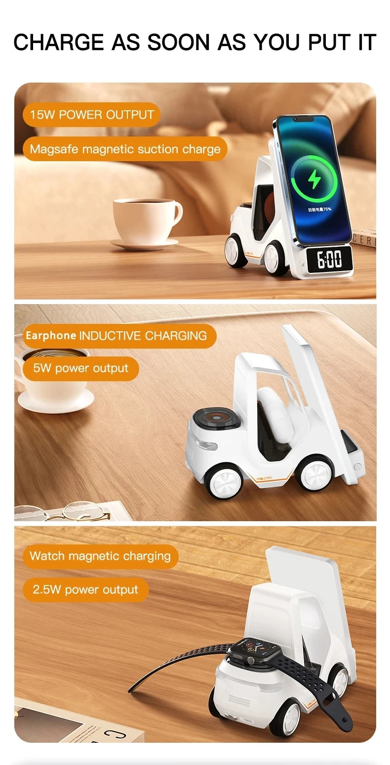 New Desktop 3-in-1 wireless fast charging bracket car shape,15W Qi Fast Charging Dock,Suit for Phone,iWatch,iPods