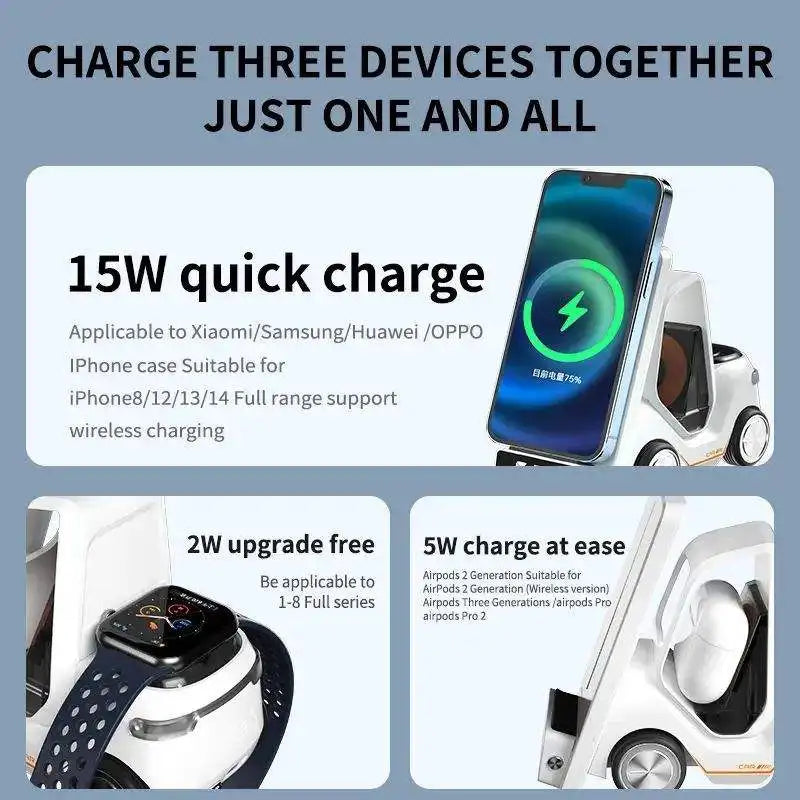 New Desktop 3-in-1 wireless fast charging bracket car shape,15W Qi Fast Charging Dock,Suit for Phone,iWatch,iPods